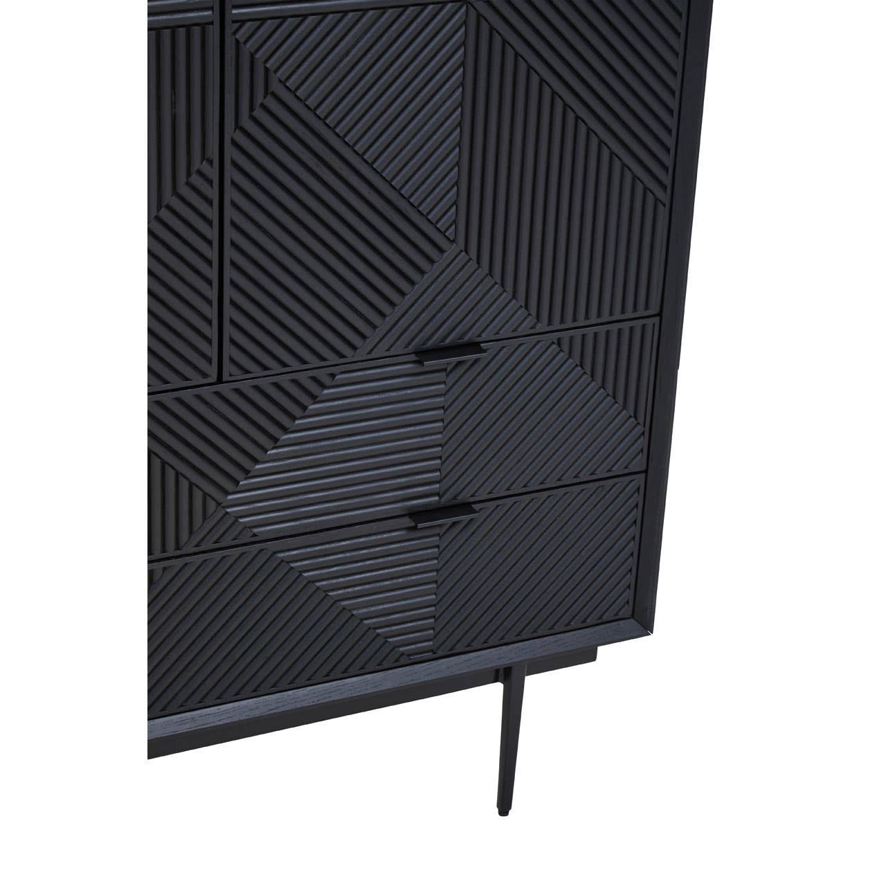 Black carved cabinet featuring a geometric design on the front, with two drawers and a sleek, modern base. The cabinet has a matte finish and is supported by thin legs, enhancing its contemporary aesthetic