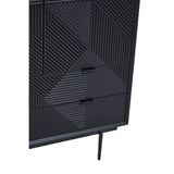 Black carved cabinet featuring a geometric design on the front, with two drawers and a sleek, modern base. The cabinet has a matte finish and is supported by thin legs, enhancing its contemporary aesthetic