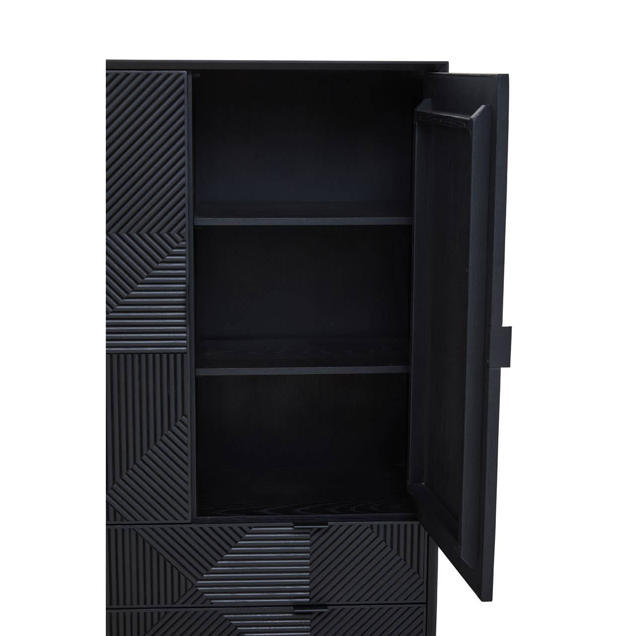Black carved cabinet with an open door, revealing three interior shelves. The cabinet features a textured design on the front and a sleek finish, suitable for home decor