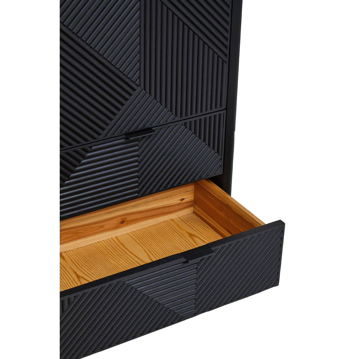 Black carved cabinet featuring a geometric design on the front, with a partially open drawer revealing a light wood interior. The cabinet has a sleek finish and modern aesthetic