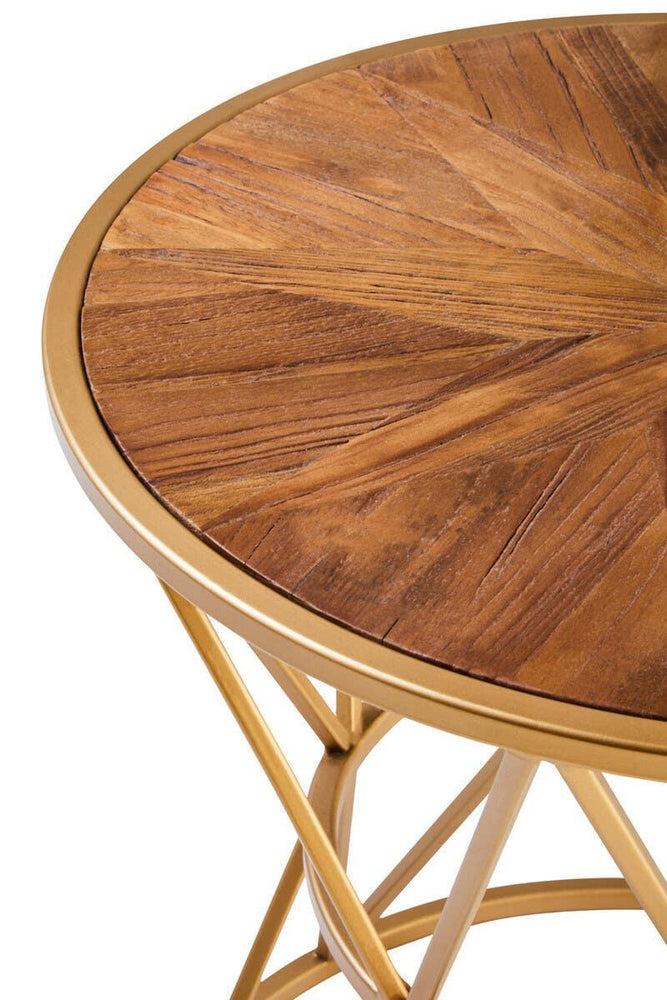 Round wooden side table with gold metal frame and geometric base design