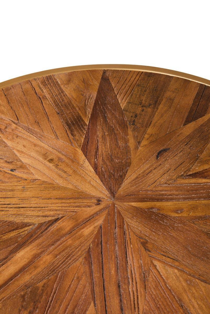 Round wooden table top with starburst parquet design and natural wood grain detail