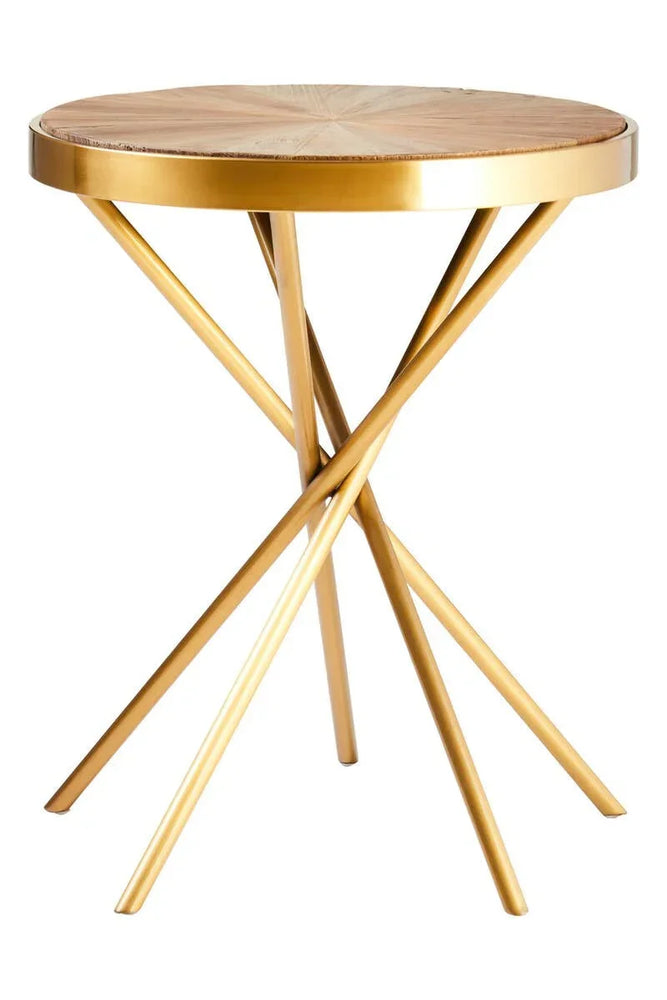 Round side table with gold metal legs and wooden top