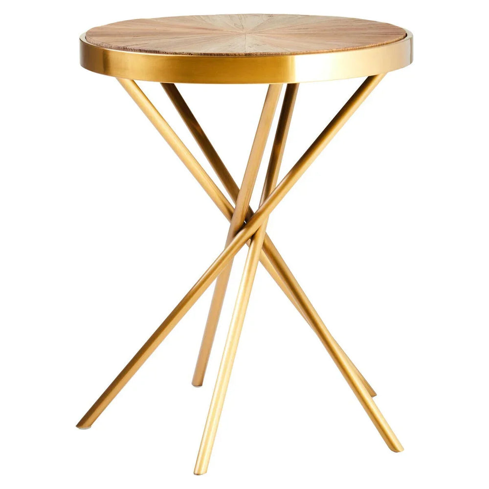 Round gold metal side table with wooden top and crossed leg base