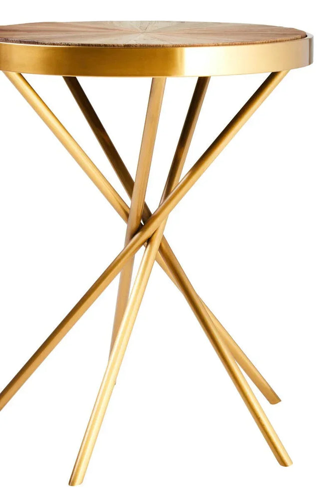 Round side table with gold metal base and wooden top, modern geometric leg design