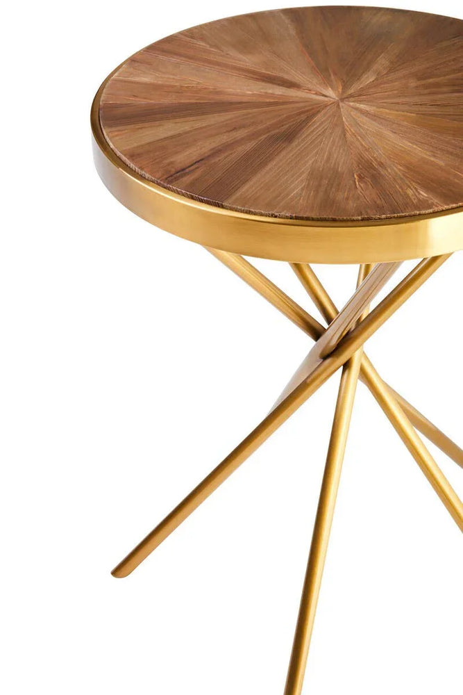 Round side table with wood top and gold metal crossed legs