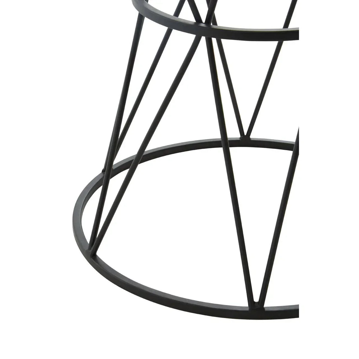 Black metal table base with geometric wireframe design and circular support ring