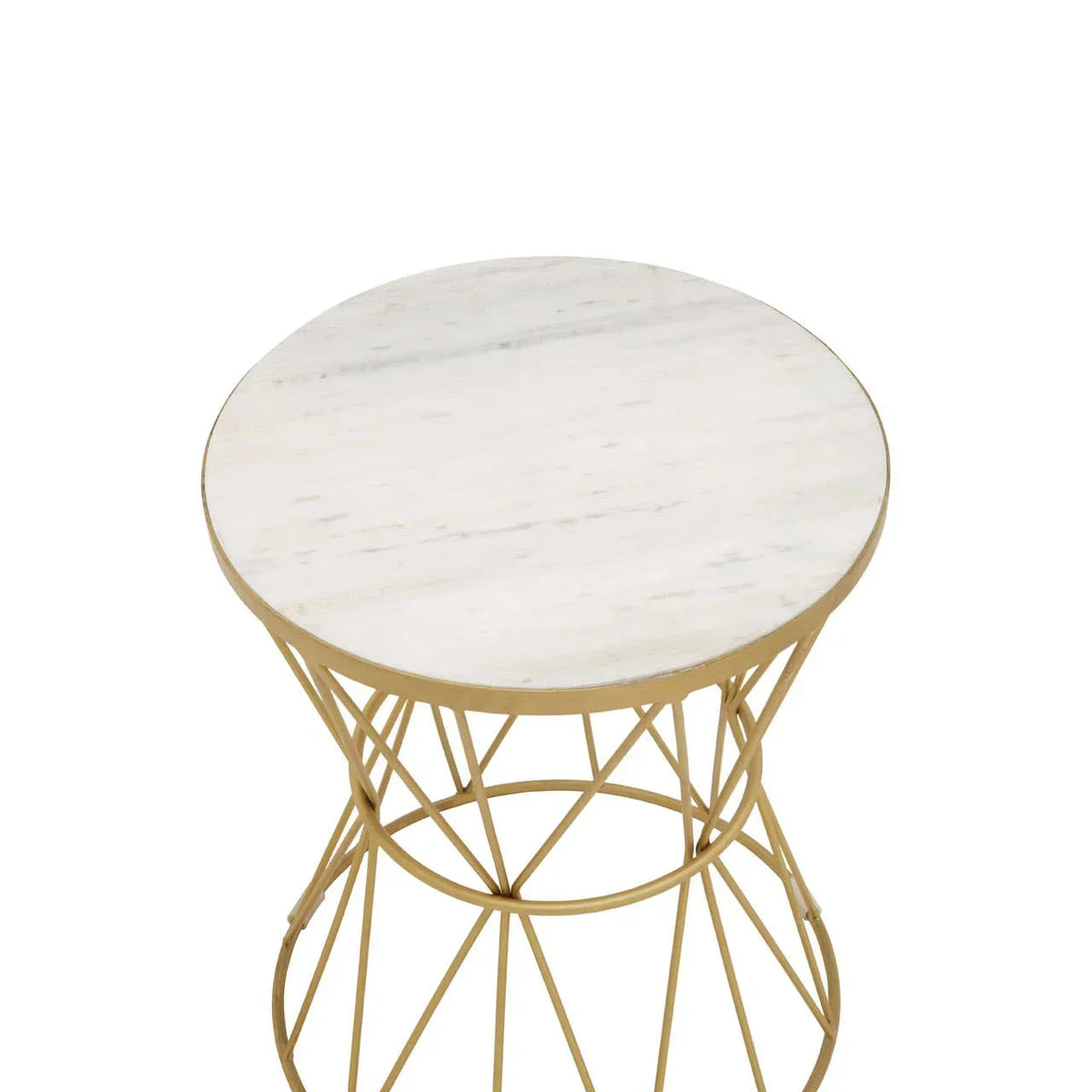 Round side table with white marble top and gold metal geometric base