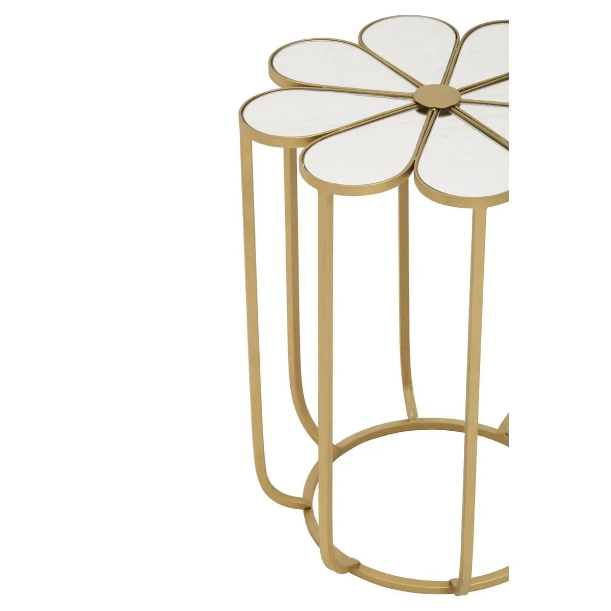 Gold metal side table with daisy flower shaped white top, modern accent furniture