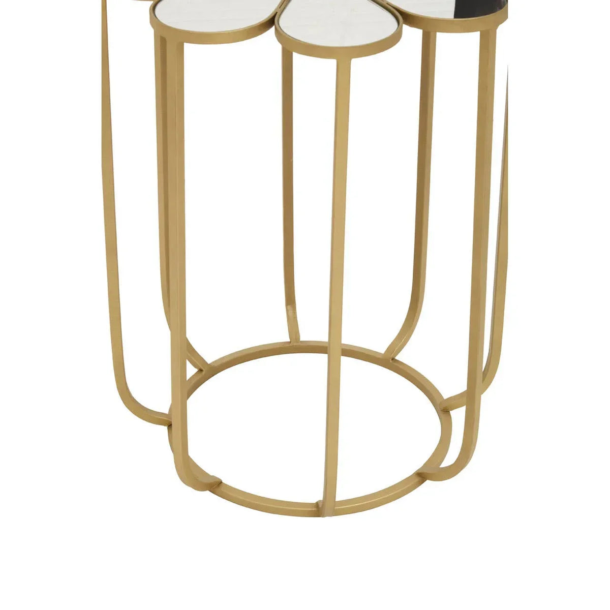 gold metal side table with white marble top and round open frame base