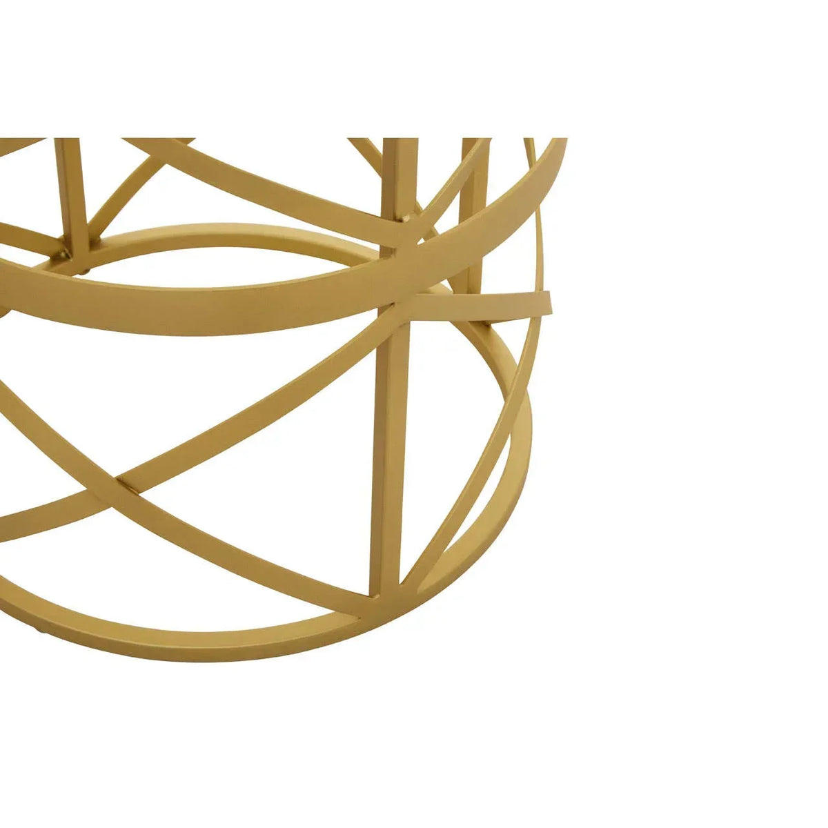 Close detail of gold metal coffee table base with intersecting geometric lines