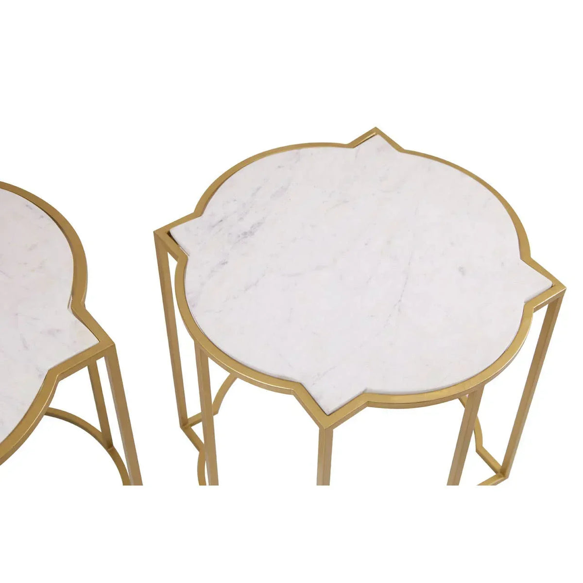 White marble top side tables with gold metal frame and quatrefoil edge detail