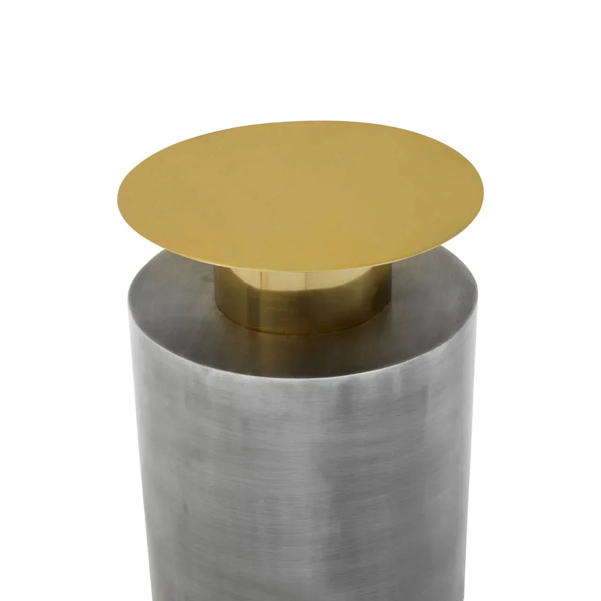 Contemporary round metal side table with brushed silver base and gold top