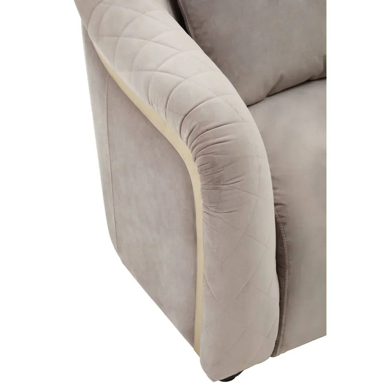 Close-up of beige fabric sofa arm with quilted stitching detail