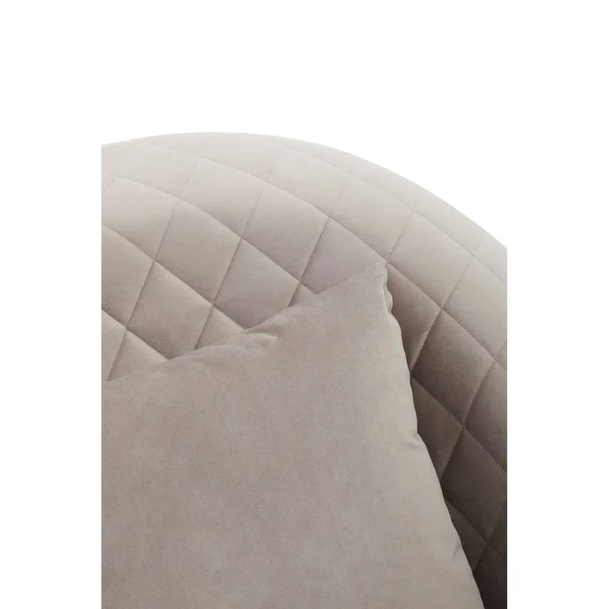 Beige fabric headboard with diamond quilted detail and matching cushion corner view