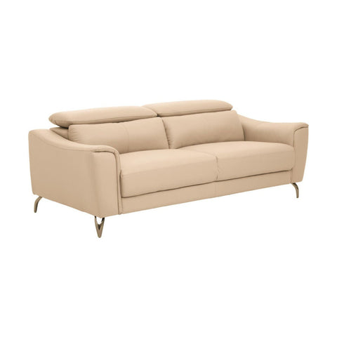 Three-seat sofa upholstered in stone-colored leather, featuring adjustable headrests and sleek, modern design. The sofa has a minimalist silhouette with soft cushions and elegant, tapered legs
