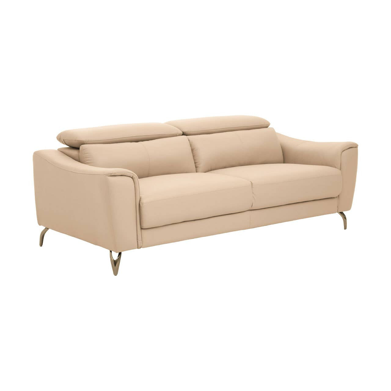 Three-seat sofa upholstered in stone-colored leather, featuring adjustable headrests and sleek, tapered metal legs. The design is modern and minimalist, with a smooth surface and subtle stitching details