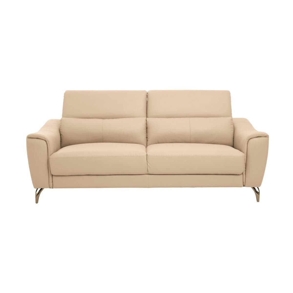 Three-seat sofa upholstered in stone-colored leather, featuring two adjustable headrests and a sleek, modern design. The sofa has a minimalist aesthetic with clean lines and subtle stitching, supported by slender metal legs