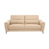 Three-seat sofa upholstered in stone-colored leather, featuring two adjustable headrests and a sleek, modern design. The sofa has a minimalist aesthetic with clean lines and subtle stitching, supported by slender metal legs