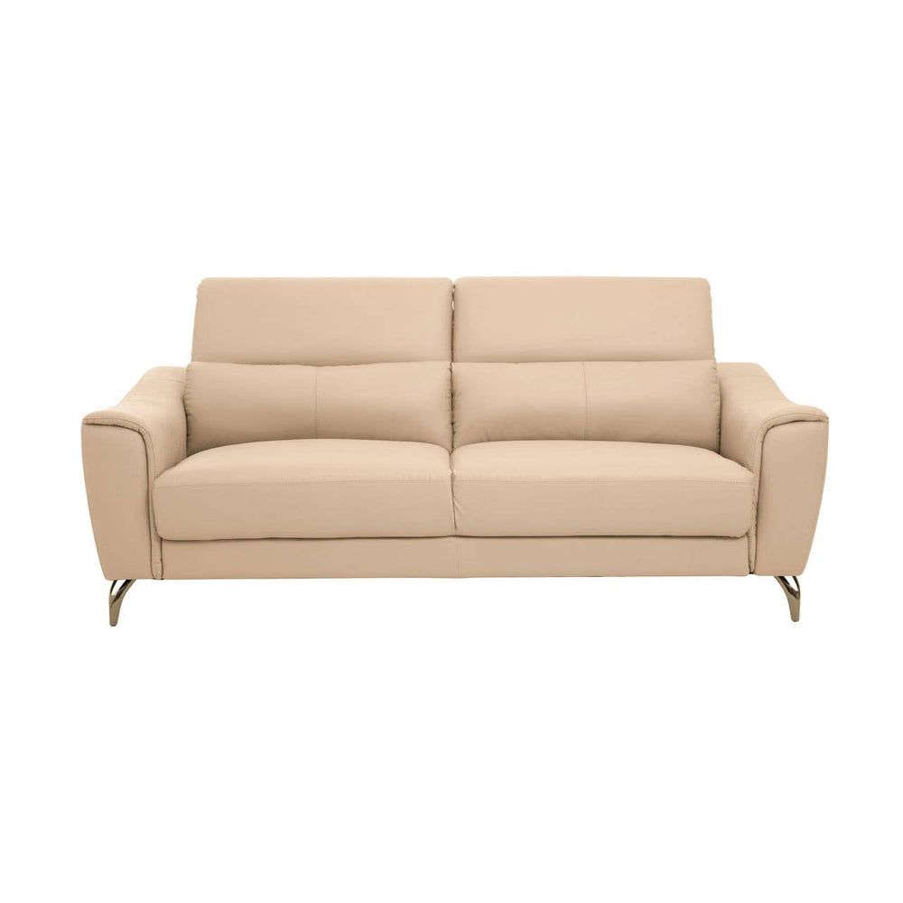 Three-seat sofa upholstered in stone-colored leather, featuring two adjustable headrests and sleek armrests. The sofa has a modern design with a minimalist aesthetic and is supported by slender metal legs