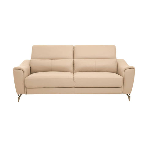 Three-seat sofa upholstered in stone-colored leather, featuring two adjustable headrests and sleek armrests. The sofa has a modern design with a minimalist aesthetic and is supported by slender metal legs