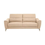 Three-seat sofa upholstered in stone-colored leather, featuring two adjustable headrests and sleek armrests. The sofa has a modern design with a minimalist aesthetic and is supported by slender metal legs
