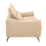 A side view of a three-seat sofa upholstered in stone-colored leather, featuring adjustable headrests and sleek metal legs. The sofa has a modern design with clean lines and a minimalist aesthetic