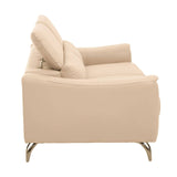 Three-seat sofa upholstered in stone-colored leather, featuring adjustable headrests and sleek metal legs. The design is modern with clean lines and a minimalist aesthetic, showcasing a side view that highlights the plush cushions and supportive structure