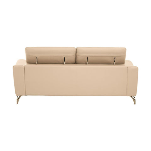 Three-seat sofa upholstered in stone-colored leather, featuring two adjustable headrests and a sleek, minimalist design. The sofa has a clean, straight back and modern metal legs, providing a contemporary look suitable for various living spaces