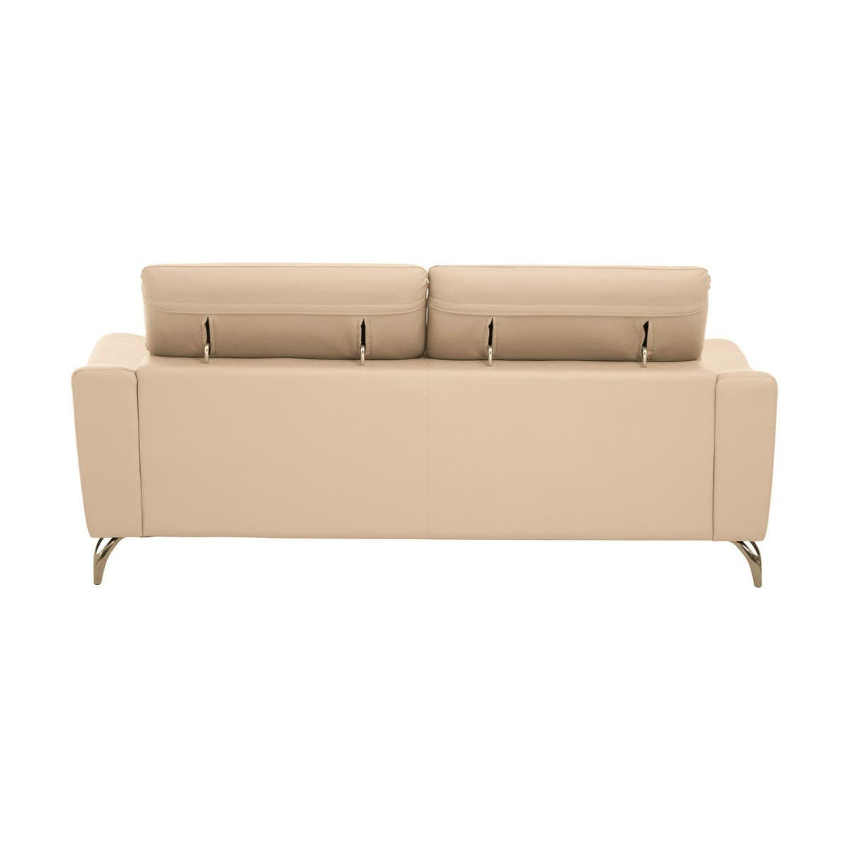 Three-seat sofa upholstered in stone-colored leather, featuring two adjustable headrests and a sleek, minimalist design. The sofa has a clean, straight back and modern metal legs, providing a contemporary look suitable for various living spaces
