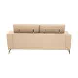 Three-seat sofa upholstered in stone-colored leather, featuring two adjustable headrests and a sleek, minimalist design. The sofa has a clean, straight back and modern metal legs, providing a contemporary look suitable for various living spaces