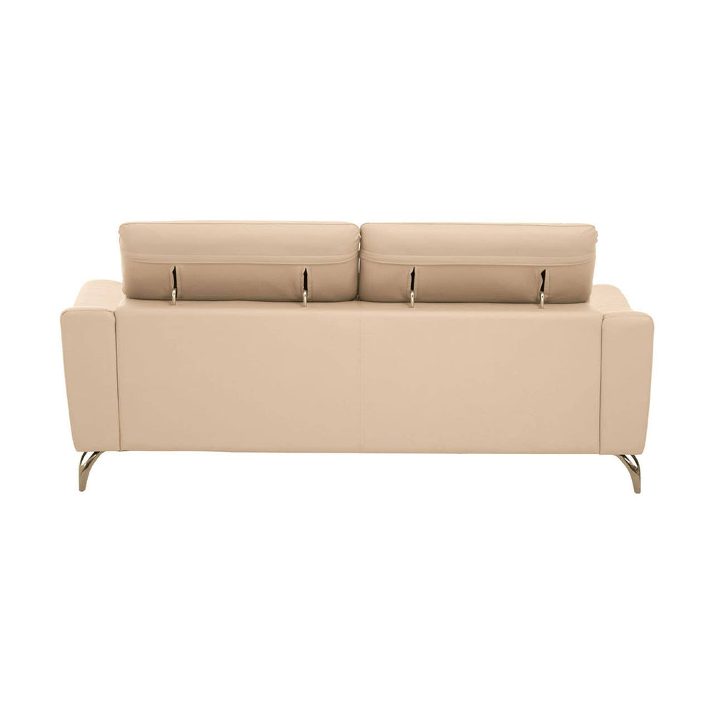 Three-seat sofa upholstered in stone-colored leather, featuring adjustable headrests and sleek metal legs. The design is modern with clean lines and a minimalist aesthetic, suitable for contemporary living spaces