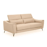 Three-seat sofa upholstered in stone-colored leather, featuring sleek lines and adjustable headrests. The sofa has a modern design with subtle stitching details and is supported by slender metallic legs