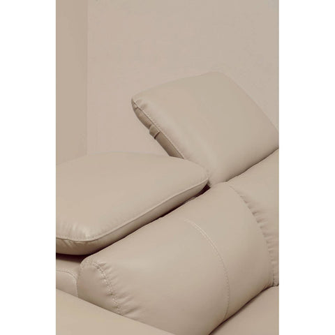 Light beige leather sofa with three seats, featuring adjustable headrests that are slightly reclined. The texture of the leather is smooth, and the overall design is modern and minimalist. The background is a neutral color, enhancing the sofa's elegant appearance