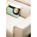 Stone leather sofa with three seats, featuring adjustable headrests and a decorative pillow with a modern geometric design in shades of blue, black, and gold. The sofa has a sleek, minimalist design and is set against a neutral background