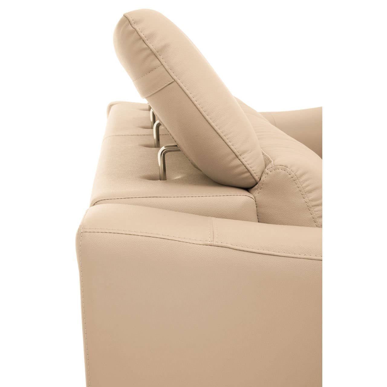Adjustable headrest of a Padua 3 Seat Stone Leather Sofa, showcasing a soft beige leather finish and a sleek design. The headrest is in an elevated position, highlighting its functionality and comfort