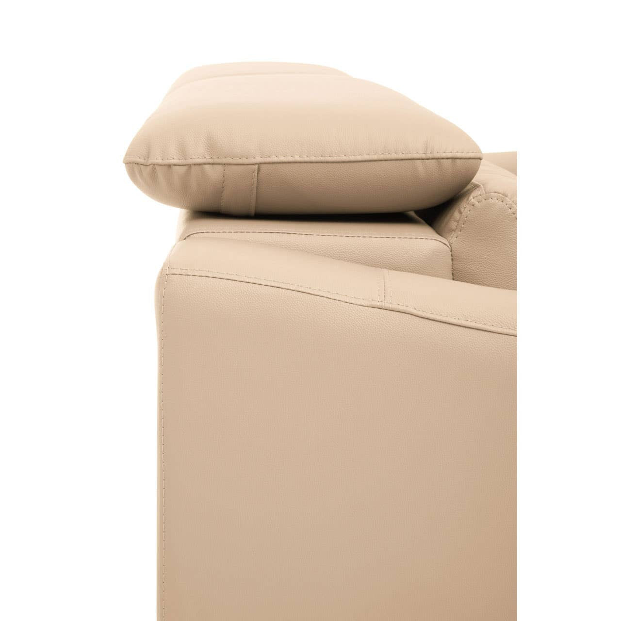 Stone leather sofa with a sleek design featuring an adjustable headrest, showcasing a soft, neutral color and clean lines. The side view highlights the plush cushioning and modern aesthetic of the sofa