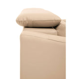 Stone leather sofa with a sleek design featuring an adjustable headrest, showcasing a soft, neutral color and clean lines. The side view highlights the plush cushioning and modern aesthetic of the sofa