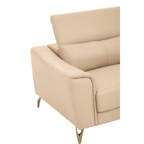 A close-up view of the Padua 3 Seat Stone Leather Sofa, showcasing the soft stone-colored leather upholstery, sleek armrest design, and adjustable headrests. The sofa features modern metal legs that add a contemporary touch