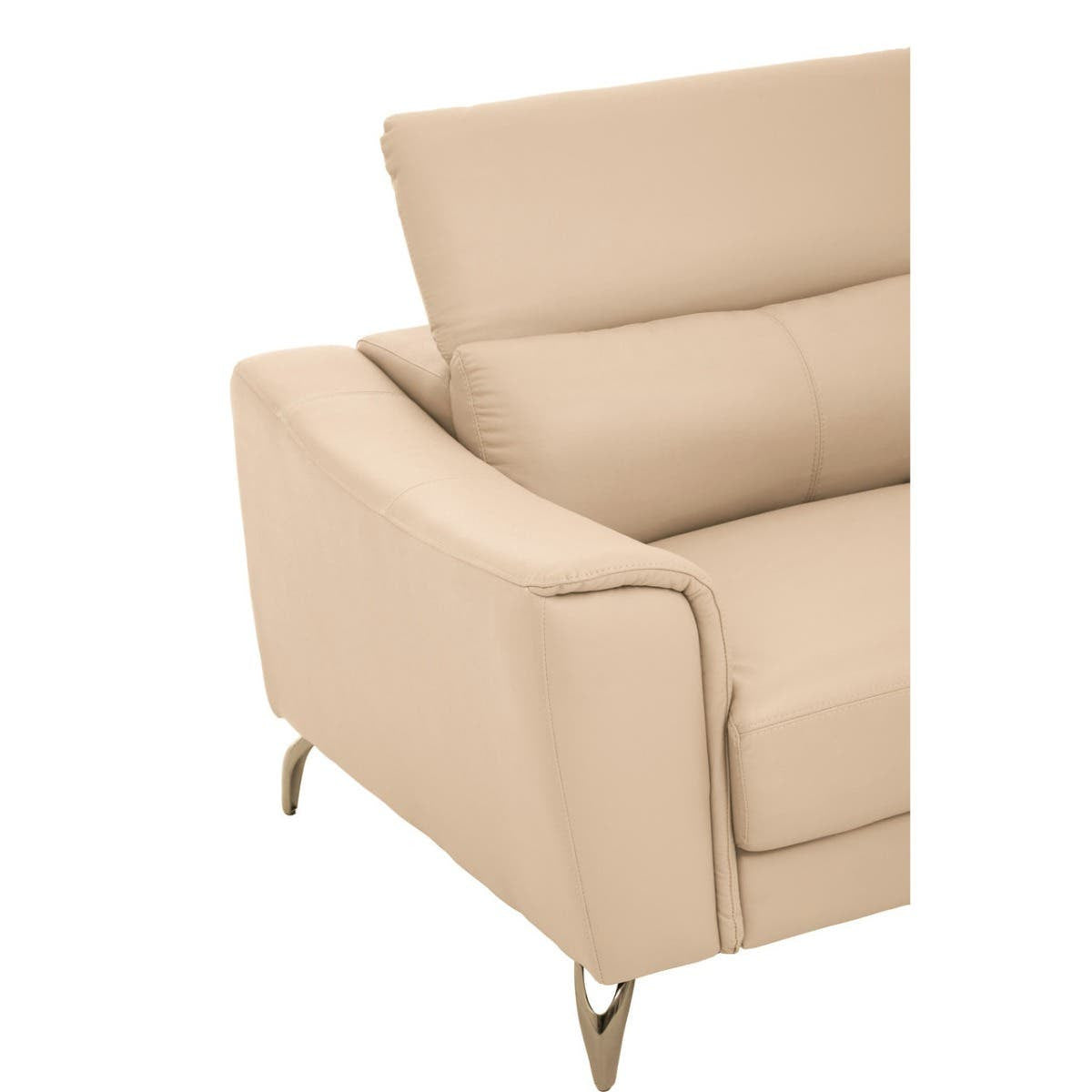 A close-up view of the Padua 3 Seat Stone Leather Sofa, showcasing the soft stone-colored leather upholstery, sleek armrest design, and adjustable headrests. The sofa features modern metal legs that add a contemporary touch