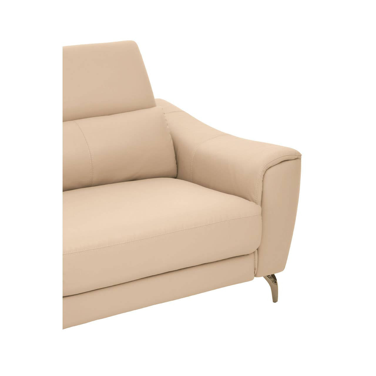 A light stone leather sofa with three seats, featuring smooth upholstery and adjustable headrests. The armrest has a rounded design, and the sofa stands on sleek, gold-colored legs