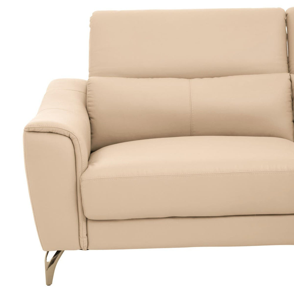 A stylish three-seat sofa upholstered in soft stone-colored leather, featuring sleek lines and modern design. The sofa includes adjustable headrests for added comfort and has slender metallic legs that elevate its contemporary look