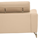 Beige leather sofa with three seats and adjustable headrests, featuring a sleek design and metal legs. The backrest is slightly elevated, showcasing a modern aesthetic