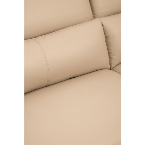 Close-up view of the Padua 3 Seat Stone Leather Sofa, showcasing the soft, beige leather upholstery and the plush, adjustable headrests. The texture of the leather is smooth, highlighting the sofa's modern design and comfort features