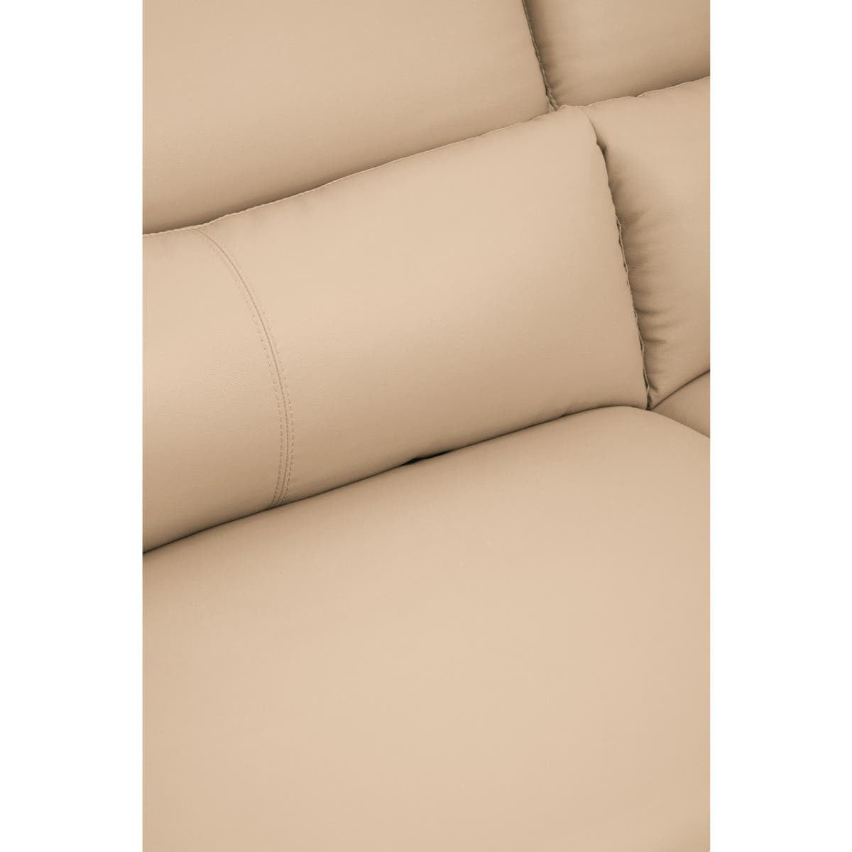 Close-up view of the Padua 3 Seat Stone Leather Sofa, showcasing the soft, beige leather upholstery and the plush, adjustable headrests. The texture of the leather is smooth, highlighting the sofa's modern design and comfort features
