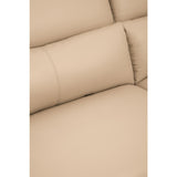 Close-up view of the Padua 3 Seat Stone Leather Sofa, showcasing the soft, beige leather upholstery and the plush, adjustable headrests. The texture of the leather is smooth, highlighting the sofa's modern design and comfort features