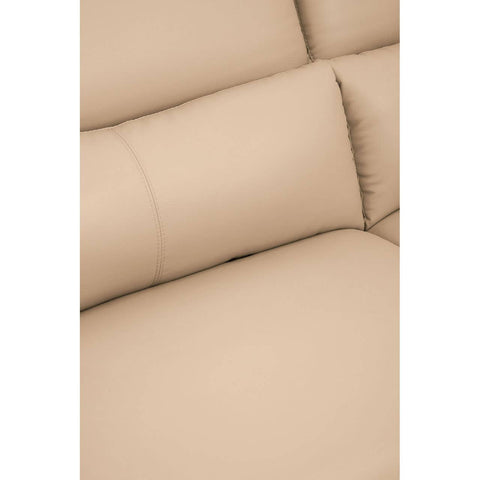 Close-up view of the Padua 3 Seat Stone Leather Sofa, showcasing the soft, beige leather upholstery and adjustable headrests, highlighting the smooth texture and stitching details