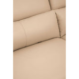 Close-up view of the Padua 3 Seat Stone Leather Sofa, showcasing the soft, beige leather upholstery and adjustable headrests, highlighting the smooth texture and stitching details