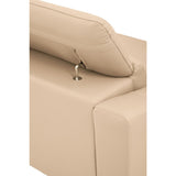 Close-up view of the adjustable headrest mechanism on the Padua 3 Seat Stone Leather Sofa, showcasing the smooth stone-colored leather upholstery and the sleek, modern design of the sofa's back