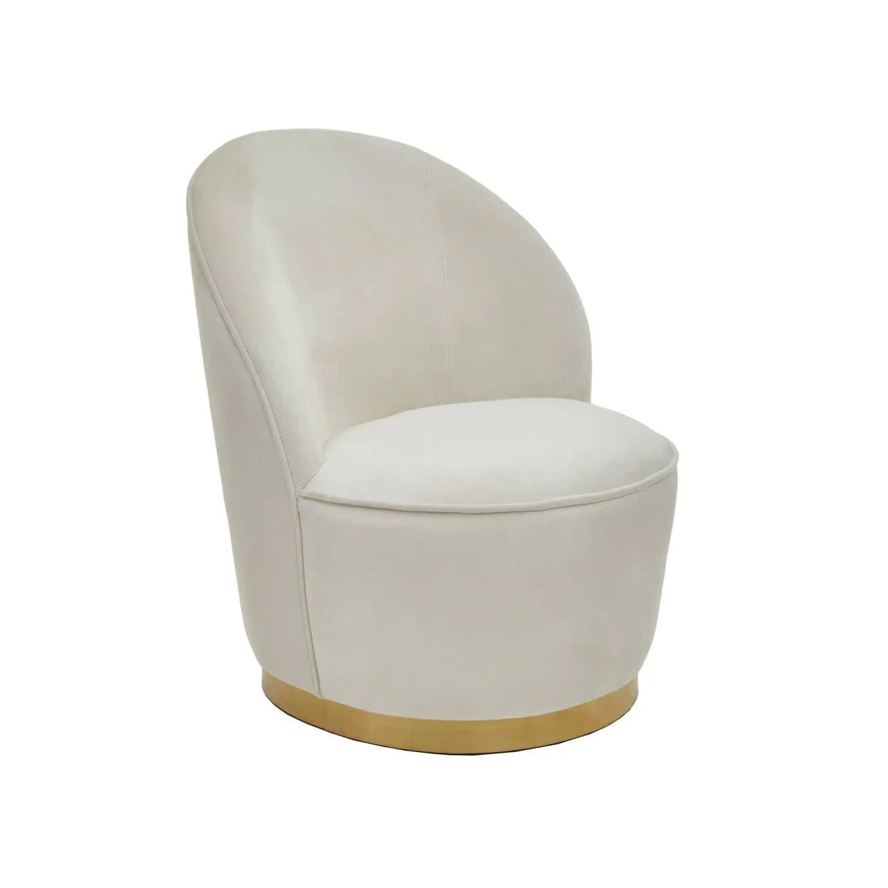 Cream accent chair with curved backrest and gold base, upholstered in smooth fabric